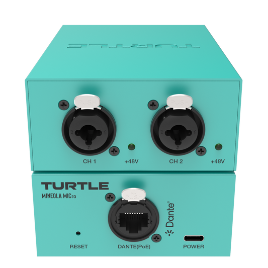 Turquoise audio interface with two XLR ports and Dante connectivity on a white background