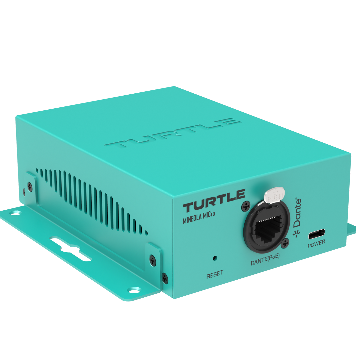 Turquoise electronic device with 'Turtle' branding on a white background