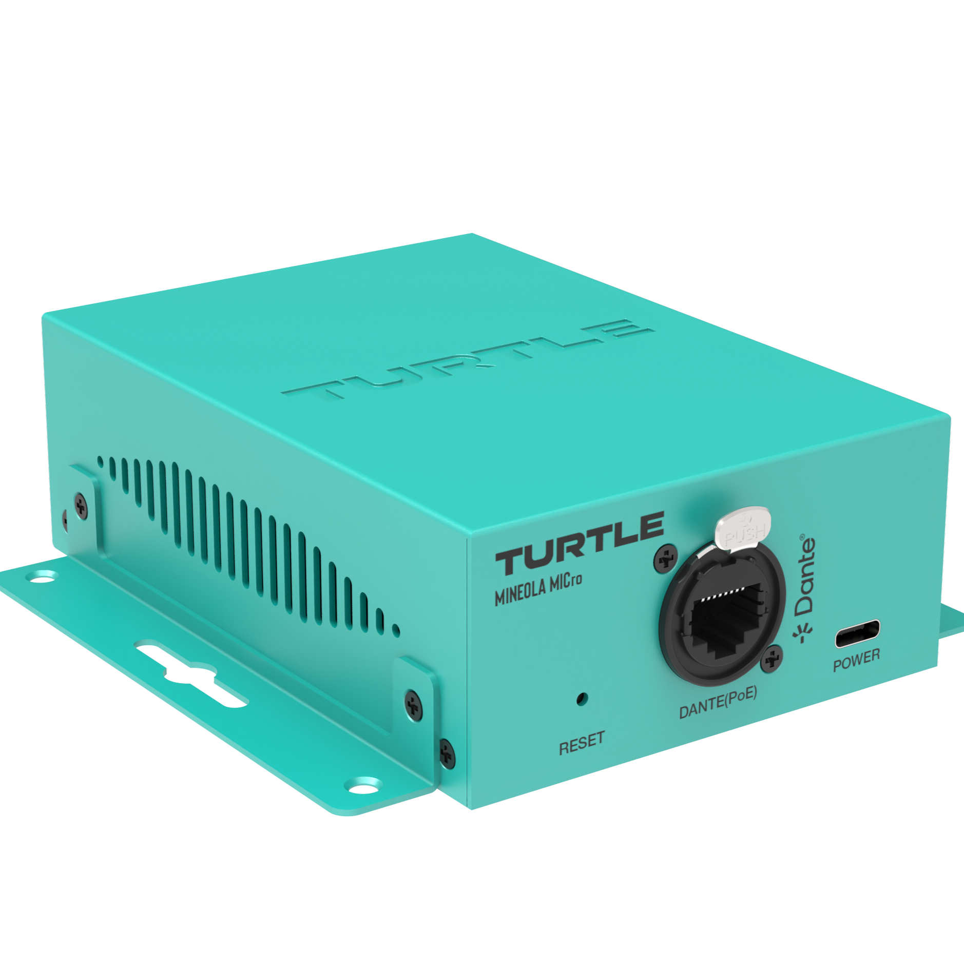 Turquoise electronic device with 'Turtle' branding on a white background