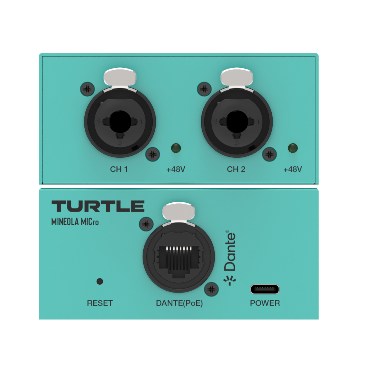 Turquoise audio interface with two XLR inputs and Dante logo on a white background