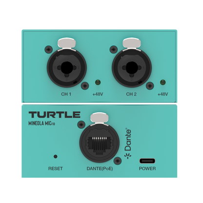 Turquoise audio interface with two XLR inputs and Dante logo on a white background