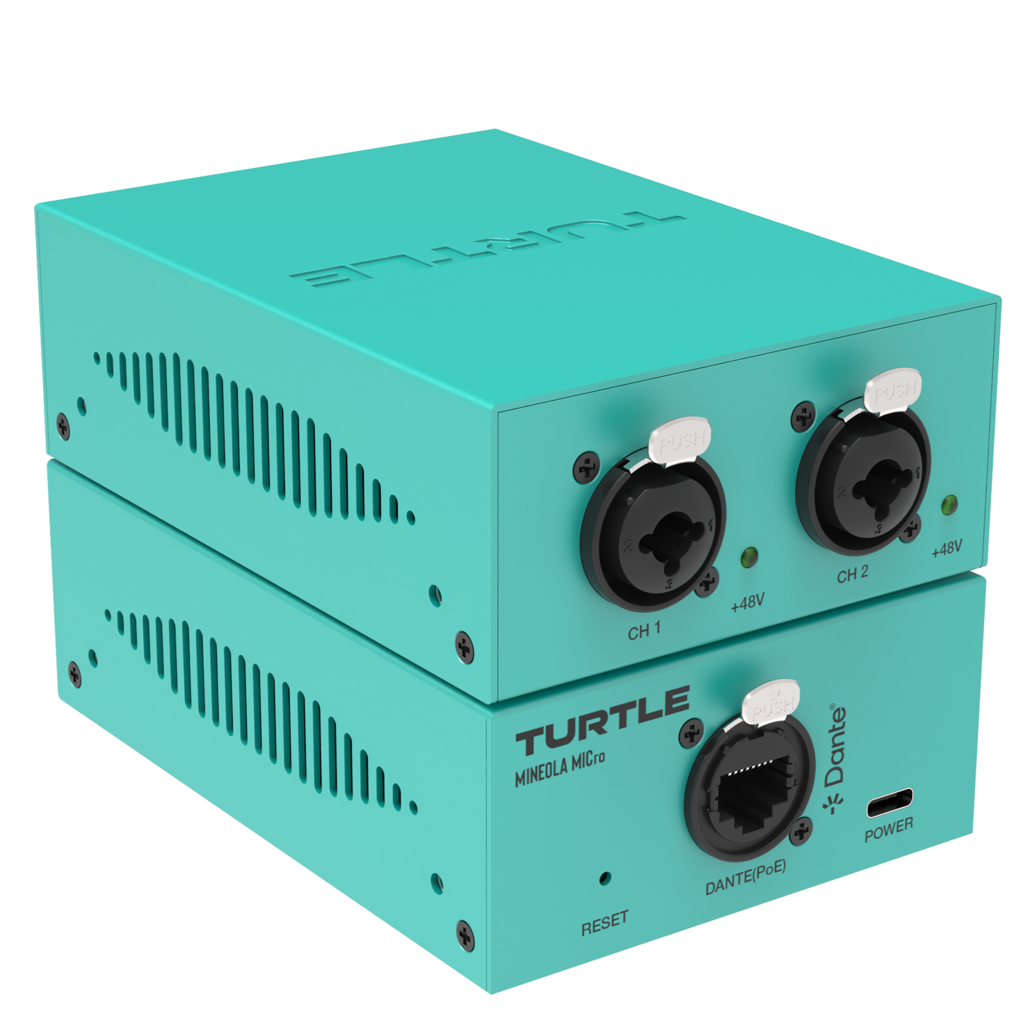 Turquoise audio interface with 'Turtle' branding on a white background