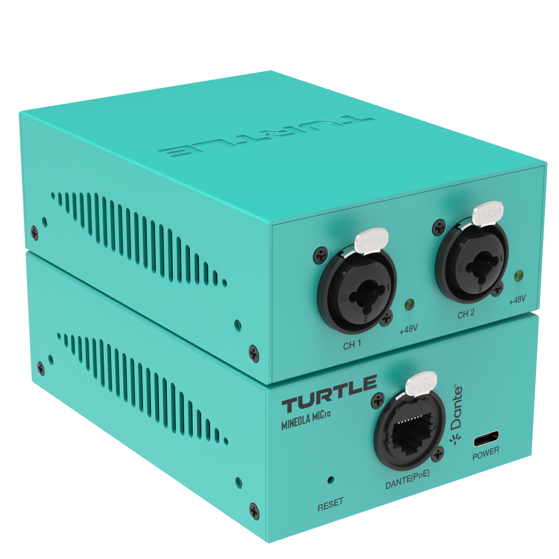 Turquoise audio interface with 'Turtle' branding on a white background