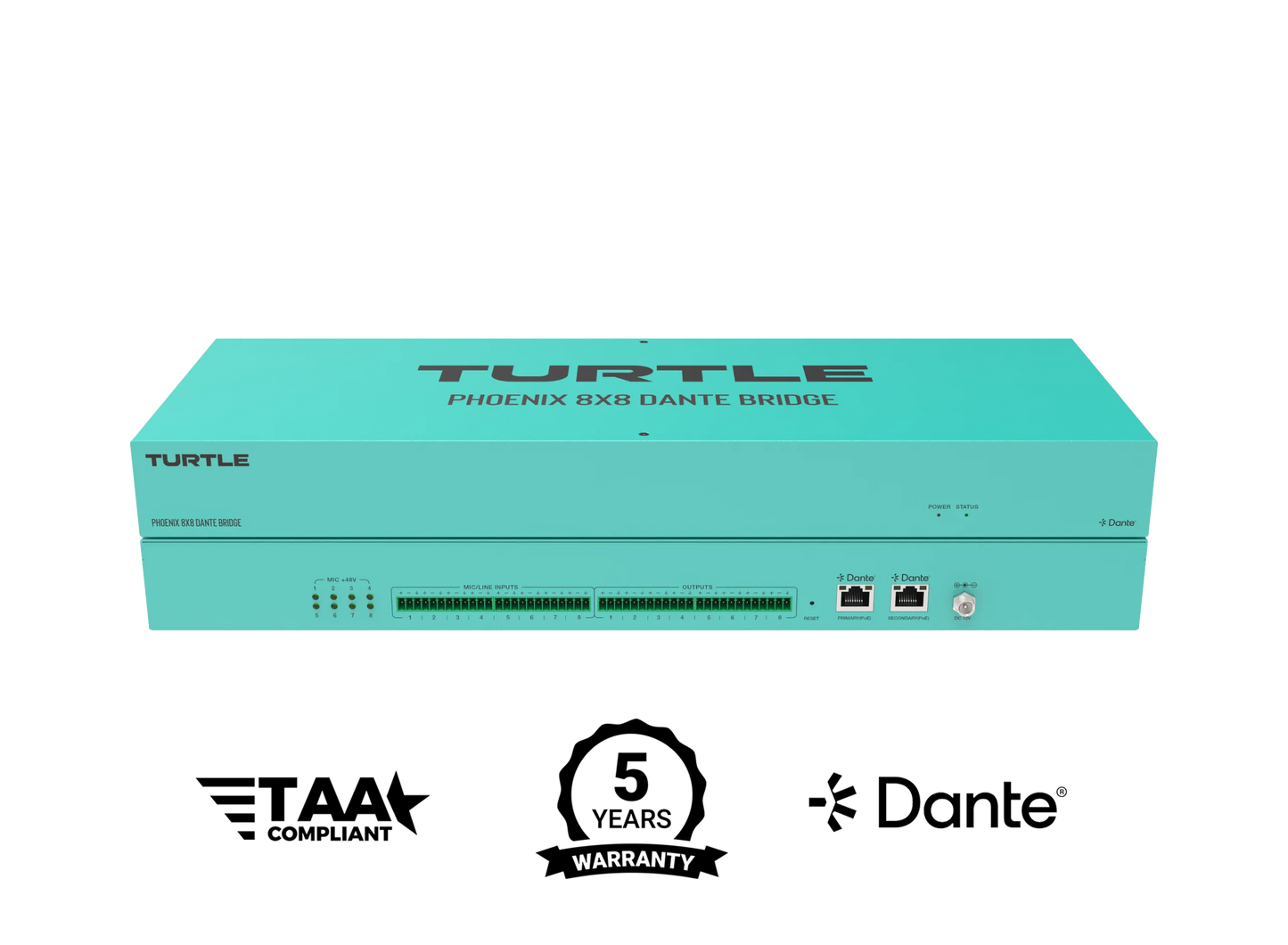 Turquoise electronic device with 'Turtle' branding on a white background, featuring certification logos.