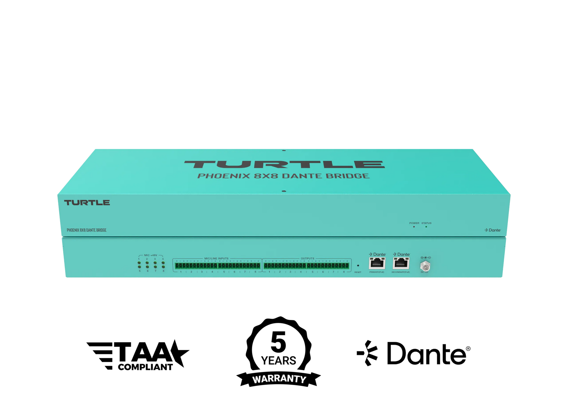 Turquoise electronic device with 'Turtle' branding on a white background, featuring certification logos.