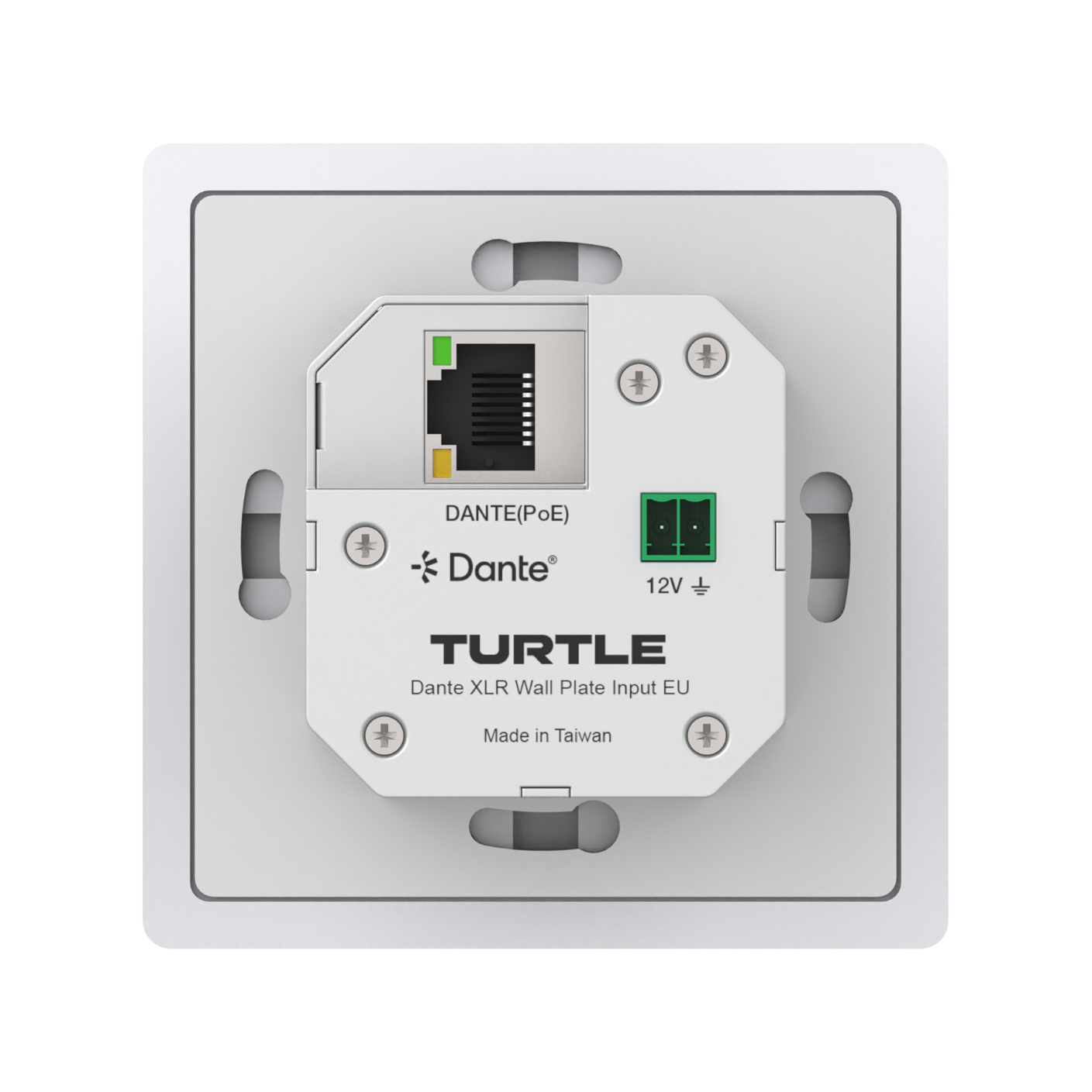 Turtle Dante XLR wall plate input with Ethernet and power indicators on a white background