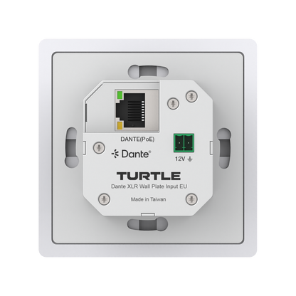 Turtle Dante XLR wall plate input with Ethernet and power indicators on a white background