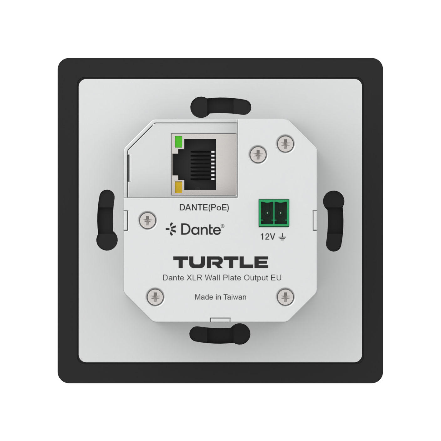 Turtle Dante XLR wall plate output with Dante logo on a white background