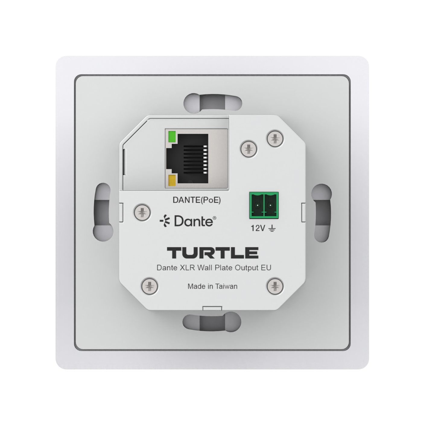 Turtle Dante XLR wall plate output with Ethernet and power indicators on a white background
