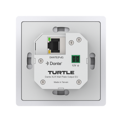 Turtle Dante XLR wall plate output with Ethernet and power indicators on a white background