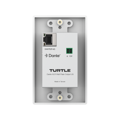 Turtle Dante XLR wall plate output device packaging on a white background