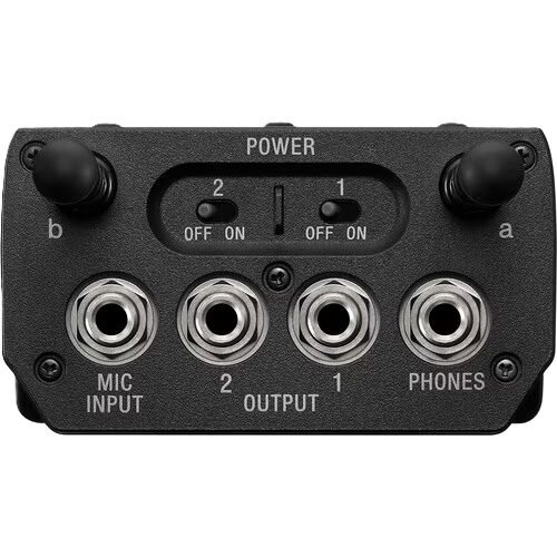 Back panel of a piece of electronic equipment with power switch, input/output ports, and labels.