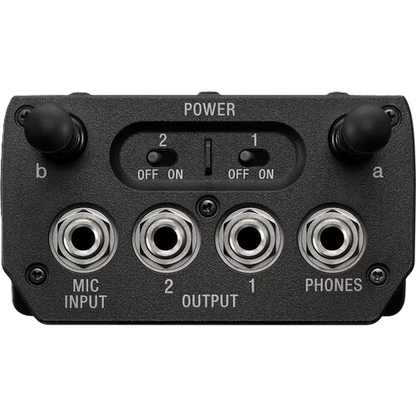 Back panel of a piece of electronic equipment with power switch, input/output ports, and labels.