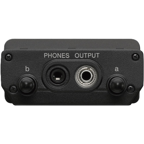 Black audio interface with phone output on a white background