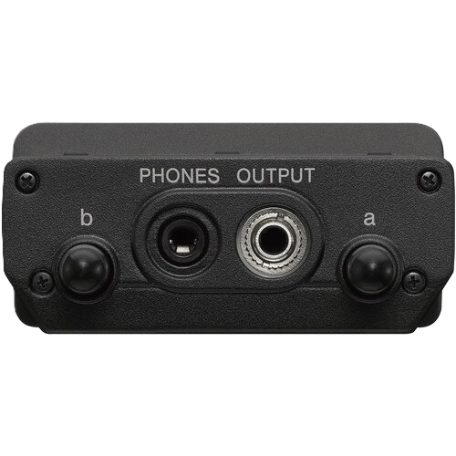 Black audio interface with phone output on a white background