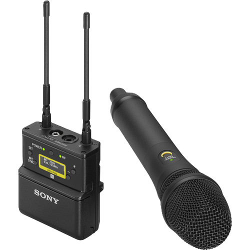 Sony wireless microphone system with receiver and handheld microphone on a white background