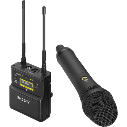 Sony wireless microphone system with receiver and handheld microphone on a white background