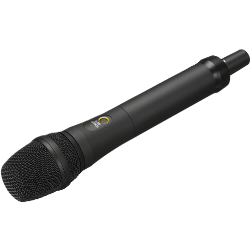 Black handheld microphone on a white background