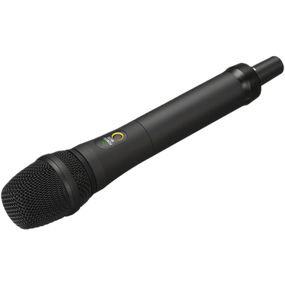 Black handheld microphone on a white background