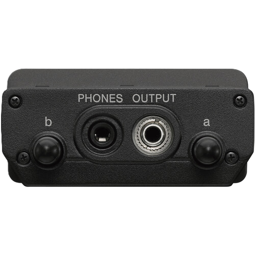 Black audio interface with phone output on a white background