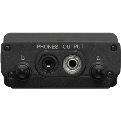 Black audio interface with phone output on a white background