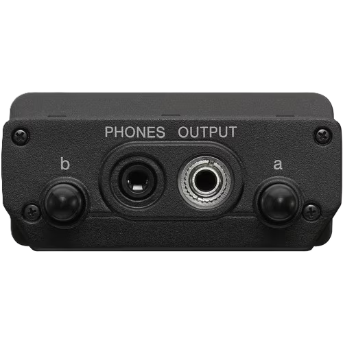 Black audio interface with phone output on a white background