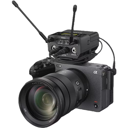 Sony Alpha camera with wireless microphone system on a white background
