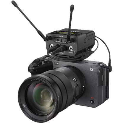 Sony Alpha camera with wireless microphone system on a white background