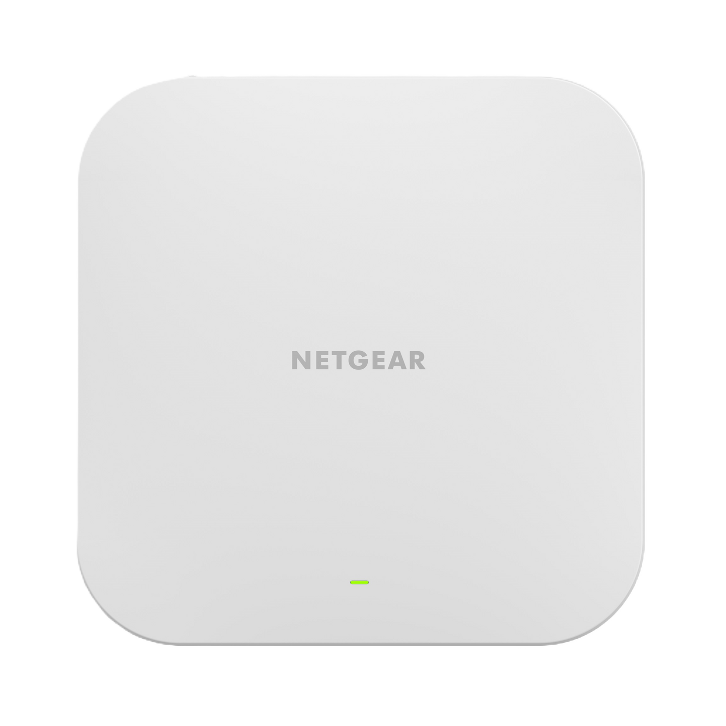 A square white Netgear wireless access point with rounded corners, featuring the gray 'NETGEAR' logo in the center and a small green indicator light near the bottom.