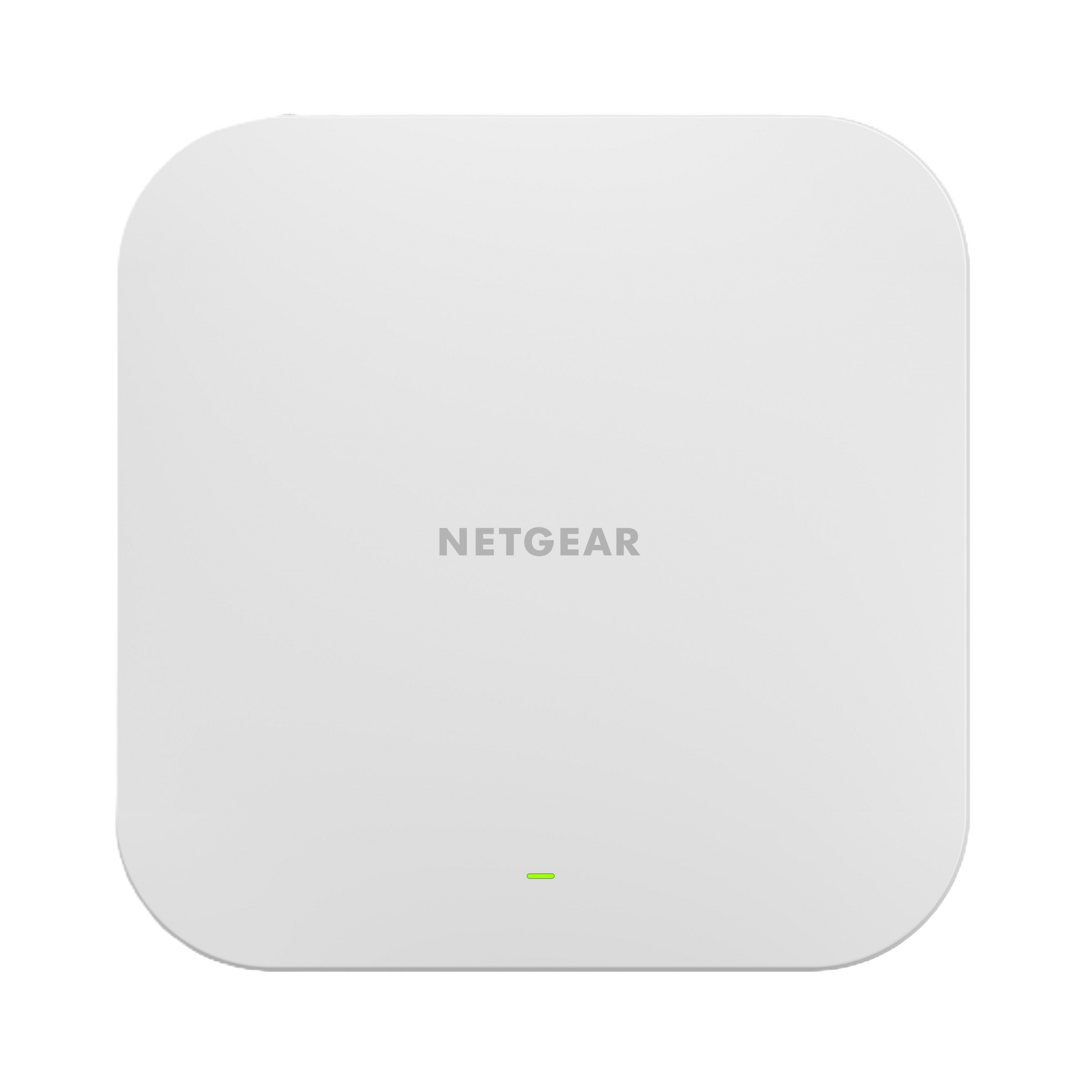 A square white Netgear wireless access point with rounded corners, featuring the gray 'NETGEAR' logo in the center and a small green indicator light near the bottom.