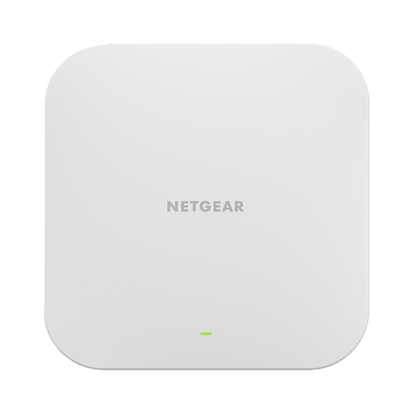 A square white Netgear wireless access point with rounded corners, featuring the gray 'NETGEAR' logo in the center and a small green indicator light near the bottom.