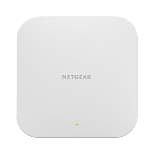 A square white Netgear wireless access point with rounded corners, featuring the gray 'NETGEAR' logo in the center and a small green indicator light near the bottom.