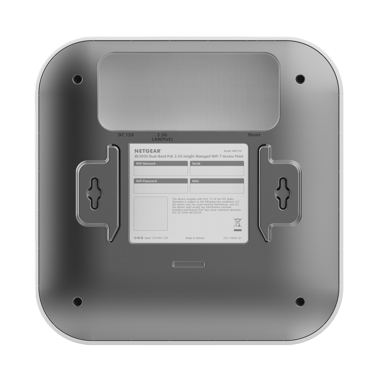 The back of a Netgear WGA1000R 8036 Port Access Point showing mounting screws, a label, and a recessed area on a clean white background.