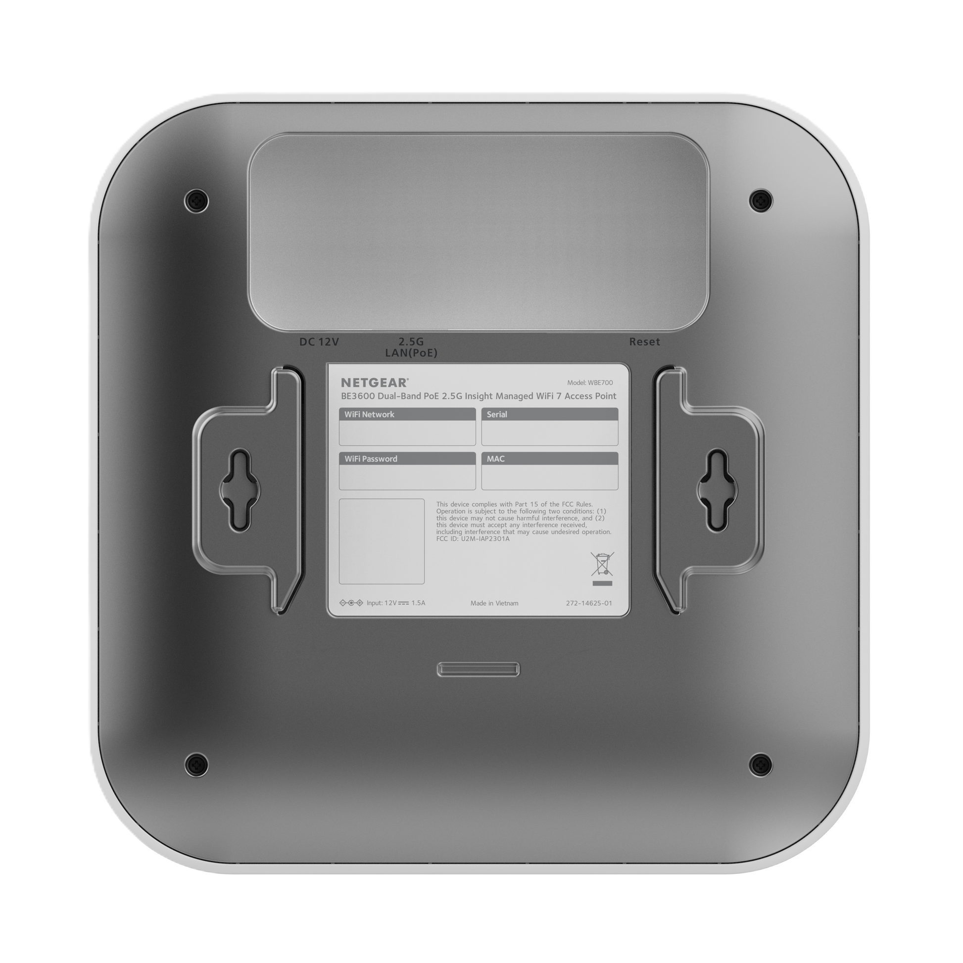 The back of a Netgear WGA1000R 8036 Port Access Point showing mounting screws, a label, and a recessed area on a clean white background.
