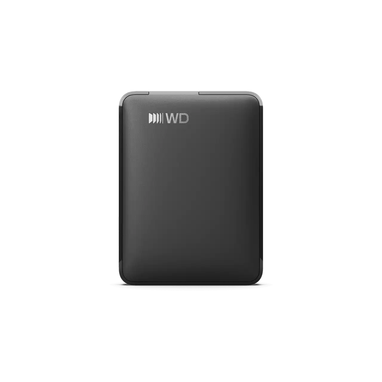 A black Western Digital portable external hard drive with a matte finish and the WD logo printed in silver on the top left, shown on a solid white background.