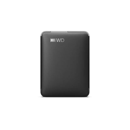 A black Western Digital portable external hard drive with a matte finish and the WD logo printed in silver on the top left, shown on a solid white background.