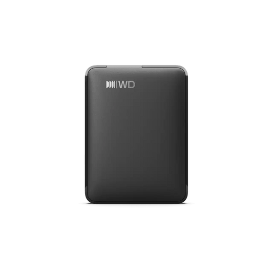 A black Western Digital portable external hard drive with a matte finish and the WD logo printed in silver on the top left, shown on a solid white background.