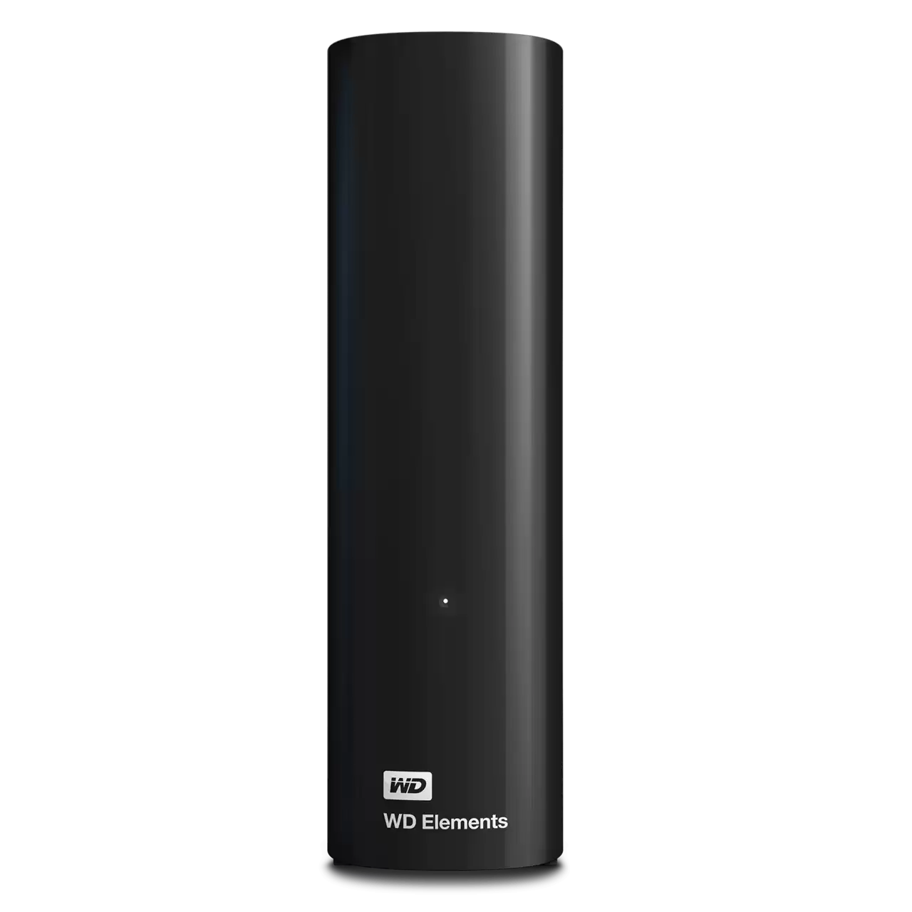 A black cylindrical WD Elements external hard drive on a solid white background, featuring the WD logo and model name in white text near the bottom.
