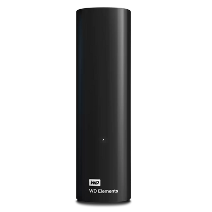 A black cylindrical WD Elements external hard drive on a solid white background, featuring the WD logo and model name in white text near the bottom.