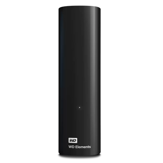 A black cylindrical WD Elements external hard drive on a solid white background, featuring the WD logo and model name in white text near the bottom.