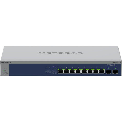 Netgear X5508TM 8-port Gigabit Ethernet switch with a silver metal housing and a dark blue front panel showing eight network ports.