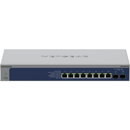 Netgear X5508TM 8-port Gigabit Ethernet switch with a silver metal housing and a dark blue front panel showing eight network ports.