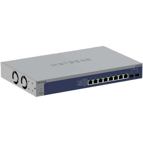 Netgear switch with a silver metal casing, a dark blue front panel featuring eight RJ45 ports, and green LED indicators, shown on a plain white background.