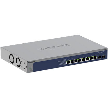 Netgear switch with a silver metal casing, a dark blue front panel featuring eight RJ45 ports, and green LED indicators, shown on a plain white background.