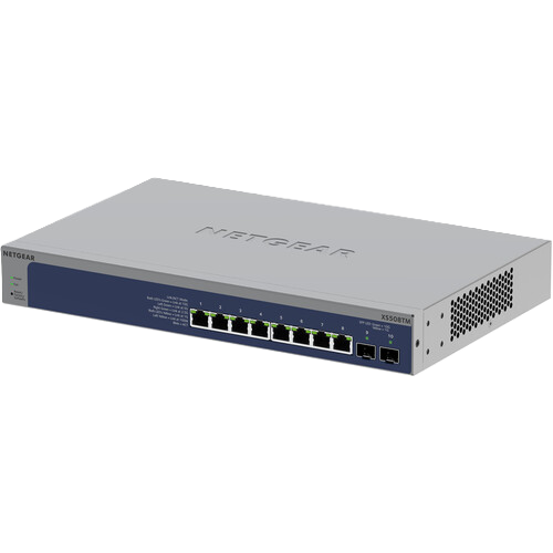 Netgear 24-port Gigabit Ethernet switch, model SE2000G10, featuring a silver metal chassis, a dark blue front panel with illuminated port indicators, and a vented side panel.