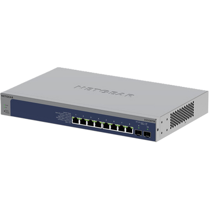 Netgear 24-port Gigabit Ethernet switch, model SE2000G10, featuring a silver metal chassis, a dark blue front panel with illuminated port indicators, and a vented side panel.
