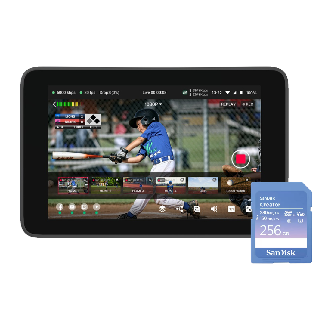 YoloBox displaying a baseball game with a SanDisk memory card 