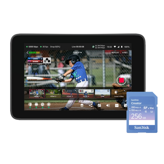 YoloBox displaying a baseball game with a SanDisk memory card 