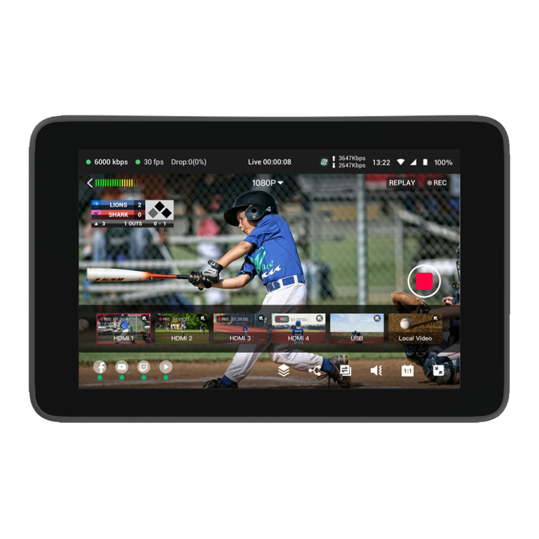 YoloBox Ultra Tablet displaying a baseball game on screen with a player in a blue jersey.