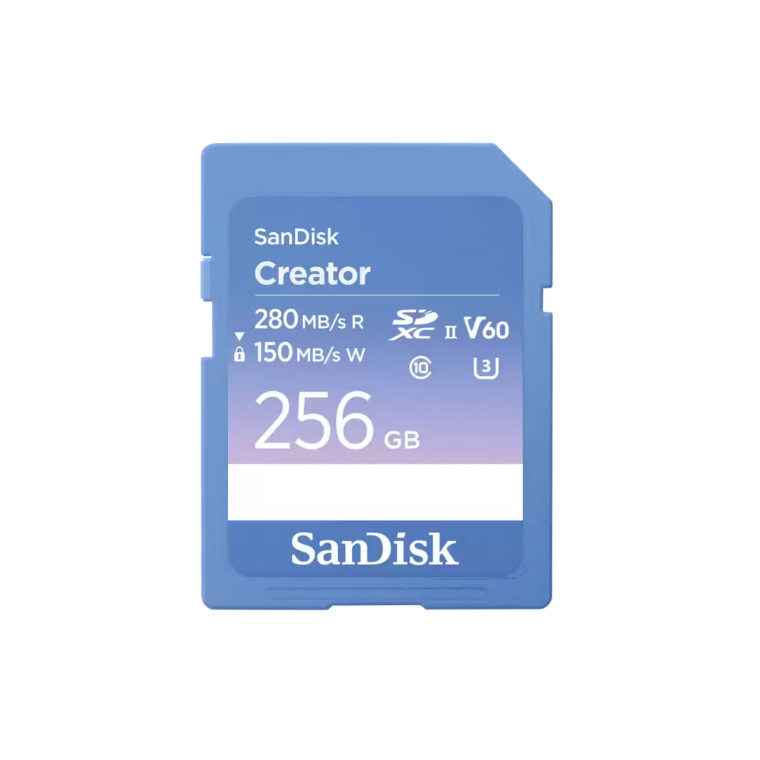 SanDisk Creator SD card with 256GB capacity on a white background